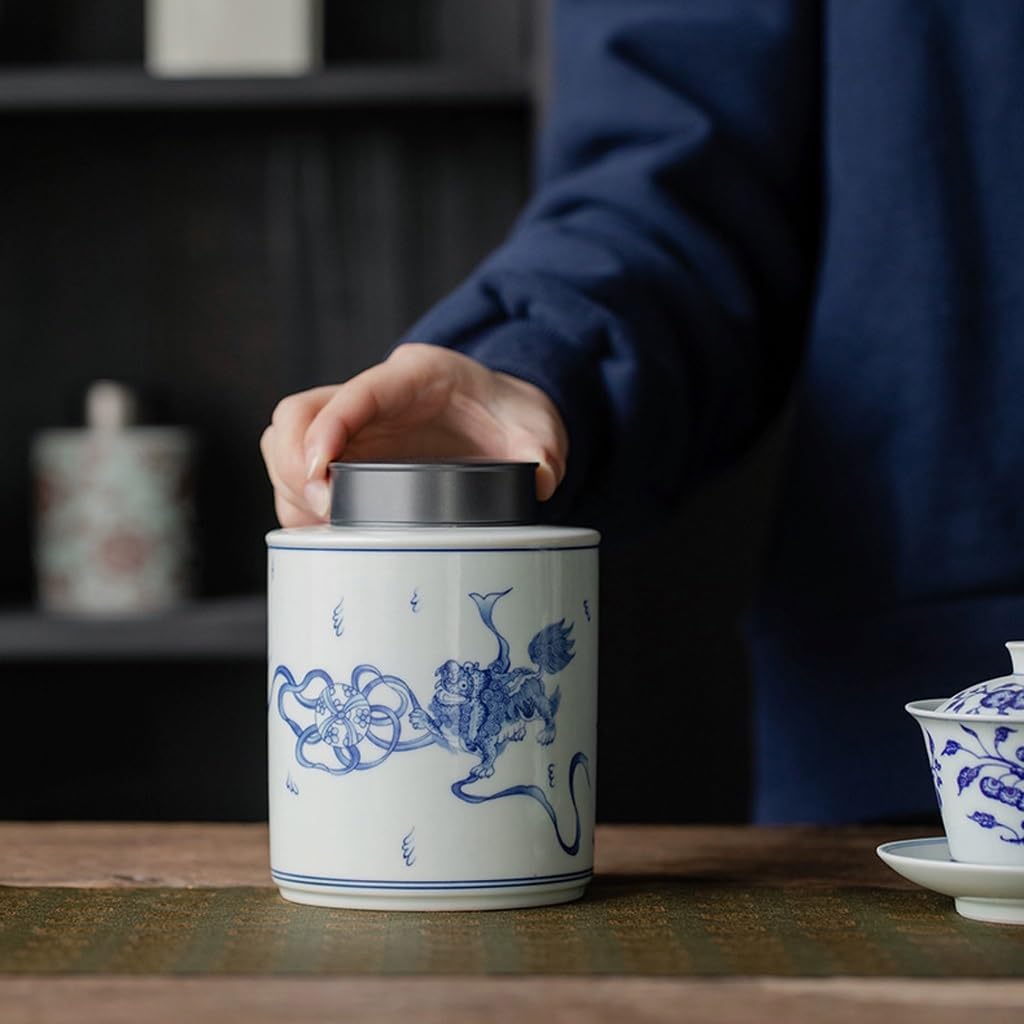 SONGCHAO Sugar Jar Antique Blue and White Porcelain Tea Can, Metal Lid Sealed, Universal for Black and Green, Storage, Home Decoration Tea Canister