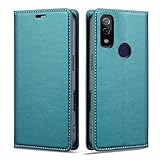 Arrows We F-51B/FCG01 手帳型 スマホケース 真珠光沢レザー RFID防止 内蔵マグネット スタンド機能 カード入れ 耐摩擦 薄型 ビリジアンブルー