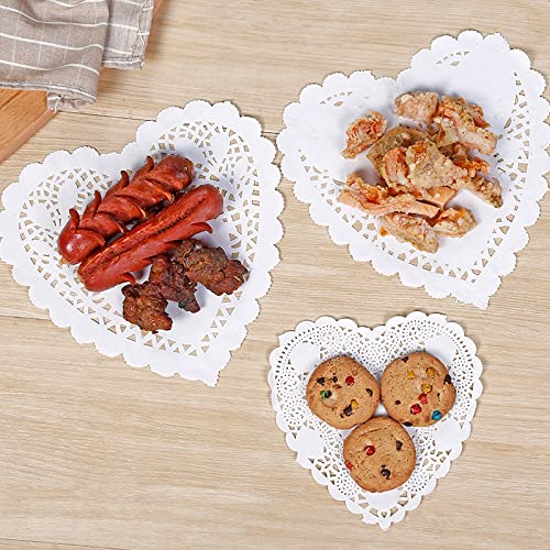 Paquete de 100 tapetes de papel de encaje blanco con forma de corazón de 25,4 cm para decoración de bodas, día de San Valentín, fiestas