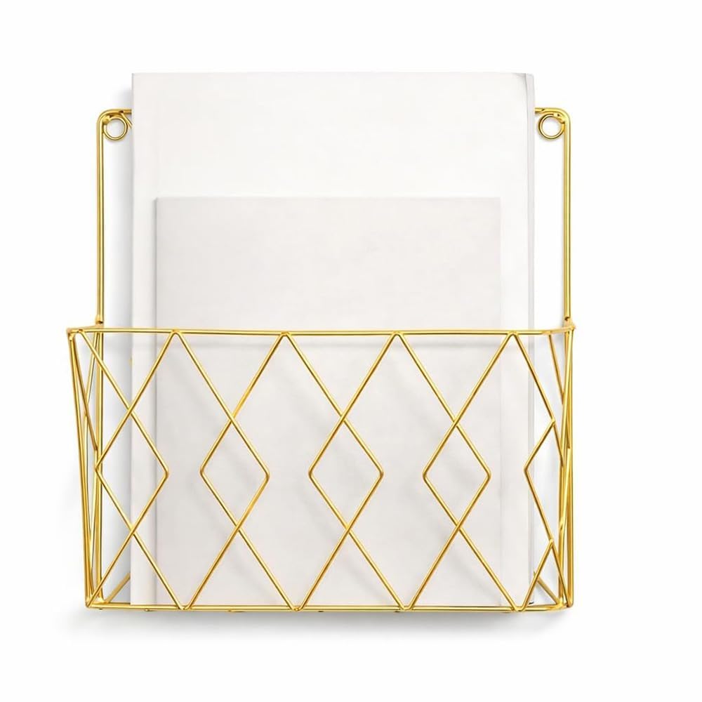 Wall Mounted Metal Magazine Holder | Decorative Black Wire Mail Organizer Basket | Rustic Hanging File Rack for Letters, Documents, Newspapers, Books & Office Supplies (Gold)-image-36