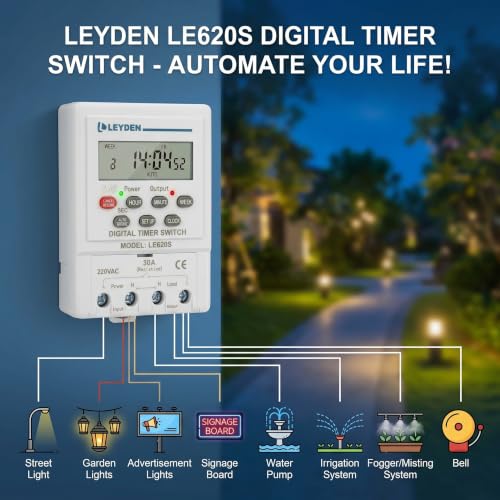 Image of LEYDEN LE620S 220VAC, Time Control Switch 24 Programs Per Day & Cyclic Function Switch for Industrial, Bells, Sirens, Motor, Fogger, Hydroponics System & Other Application