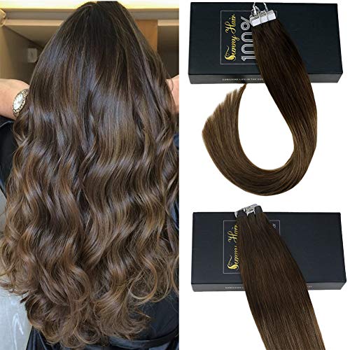 Sunny Tape in Hair Extensions Human Hair 16 Inch Tape in Human Hair Extensions Balayage Real Human Hair Tape in Dark Brown Fading to #7 and #12 Tape in Human Hair 20 pcs 50g
