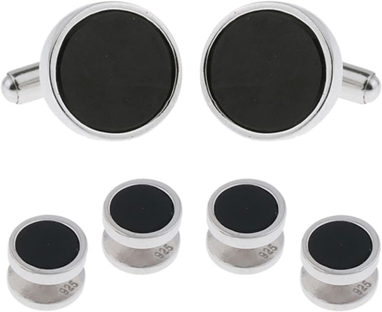 Mens Sterling Silver Black Onyx Cufflinks and Studs Formal Set with Presentation Box - Solid 925 Sterling Silver Wedding Party Tuxedo Shirt Studs - 5/8" cufflinks 3/8" studs Heirloom Luxury Set
