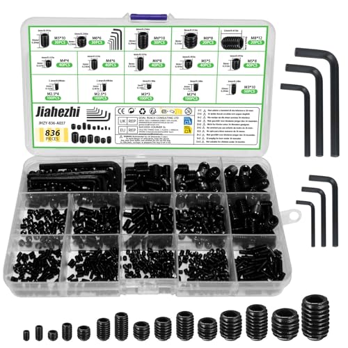 Image of 836 Pcs Grub Screw Assortment Set, Hex Socket Head Screws, M2.5, M3, M4, M5, M6, M8 Sizes, Black Alloy Steel & Galvanised for Door Handles, Faucets, and Machinery