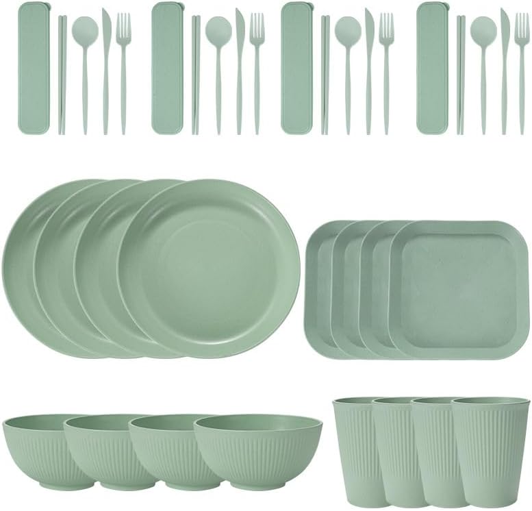 Wheat Straw Dinnerware Sets, 36-Piece Plates and Bowls Sets, Cutlery, Microwave Safe Unbreakable Dinnerware for Parties, Picnic, College Dorm, Camping Light Green