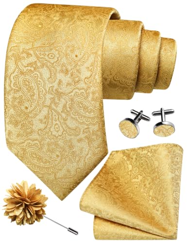 Image of GUSLESON Paisley Tie Set for Men 3.15 inch Necktie Lapel Pin Hankerchief Cufflinks Set for Men