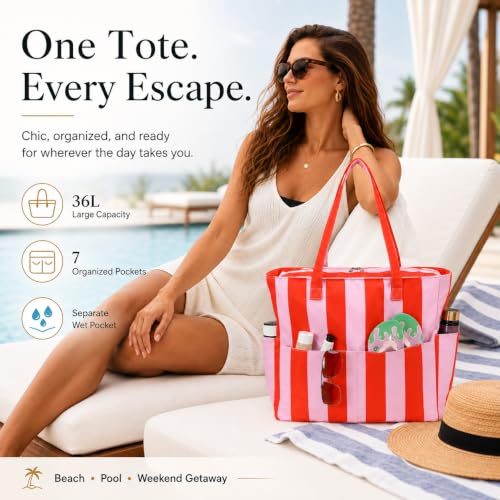 Image of LEDAOU Large Beach Bag Women Waterproof Sandproof Zipper Beach Tote Pool Bag for Swim Gym Grocery Travel with Wet Pocket