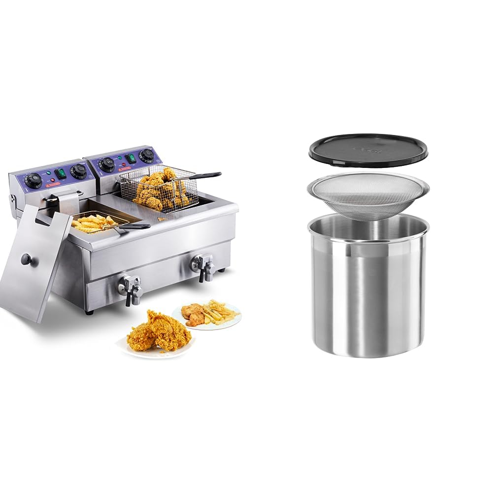 VEVOR Commercial Electric Deep Fryer, 24L, Silver & Oggi Cooking Grease Container, 4 Quart, Stainless Steel