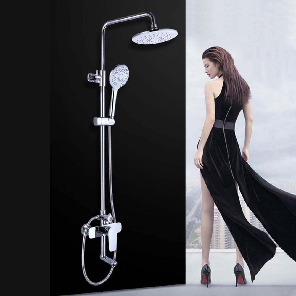 CWCQGH Punch Free 8 Inch Round Top Spray Shower System Silver Household Double Lift Hot and Cold Shower Set Brass Shower Faucet 6 Modes Will Not Rust