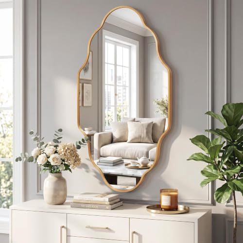 Image of Scalloped Gold Bathroom Mirror, Irregular Wall Decorative Mirror | Brushed Metal Frame, HD Glass Decorative Mirror for Wall Decor, Vanity Mirror for Living Room Entryway (26 inch x 46 inch, 2 Pack)