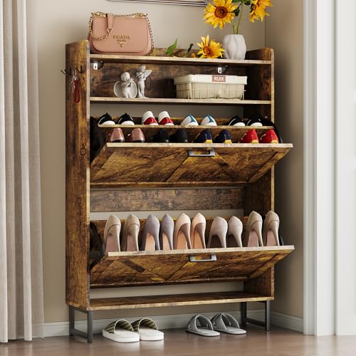 Image of BORNOON Shoe Cabinet with 2 Flip Drawers Narrow Shoe Storage Cabinet Organizer Wooden Freestanding Rack Hidden Slim Storage for Entryway, Hallway, Living Room, Bedroom (Brown)