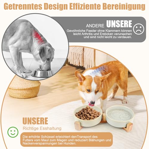 Keramik-Hundenapf-Set mit Standfüßen, Hundenapf Keramik Erhöht mit rutschfest Ständer, Langsamfressnapf Süße Pfoten-Design für Kleine und Mittelgroße Hunde, 2er Set Fressnapf Hund und Wassernapf