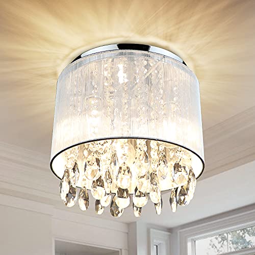 Product Deal Depuley 3-Light Flush Mount Crystal Chandelier, 11 Inch Drum Crystal Ceiling Light with Cylinder Net Lamp Shade, Modern Raindrop Crystal Light Fixture for Entry, Bedroom, Hallway, Kitchen, E26 Base