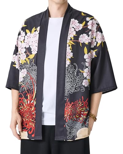 Image of Men's Japanese Kimono Robe Jacket Lightweight 3 /4 Sleeve Open Front Yukata | Silky Smooth Fashion Print Happi Coat Lightweight Breathable Loose Unisex Haori Casual Summer Cardigan Daily Beach Vacation