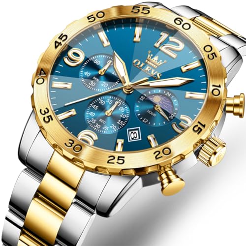 Image of OLEVS Men's Watch Luxury Sun-noon Phase Waterproof Dress Chronograph Analog Quartz Stainless Steel Multifunction Fashion Watch with Date, Big Dial 44mm, Luminous Hands Scales