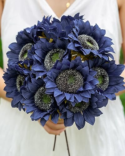 DuHouse 12pcs künstliche Sonnenblumen mit Langen Stielen, 12cm Seide Sonnenblumen Bulk für Hochzeit Haus Garten im Freien Party-Dekoration (Blau)