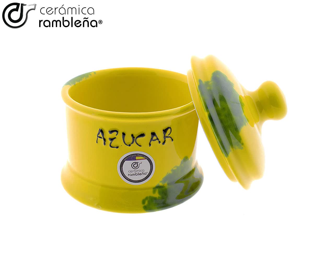 CERÁMICA RAMBLEÑA | Zuccheriera Cucina con Coperchio | Zuccheriera in Ceramica | Zuccheriera Giallo Rustico - Modello 01 | 100% Decorato a Mano | 13x13x14 cm