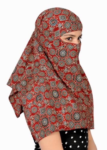 Image of Scarf Face Full Covering With Mask Head Hair Wrap Sun Protection For Women Cotton Printed Square All Season Wear