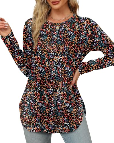 Long Sleeve Shirts for Women School Outfits for Teachers Crewneck Black Floral Tops Plus Size Tunic Tops for Women Loose Fit Dressy XXL