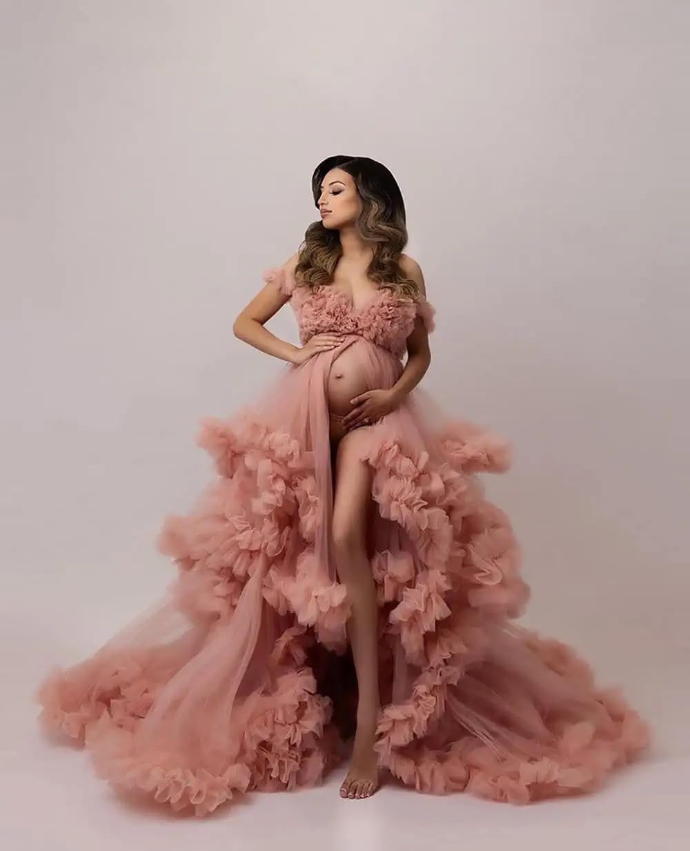 PRESEOSSA Women's Tulle Robe for Maternity Photoshoot Puffy Ruffles Bridal Lingerie Bathgown Illusion Wedding Scarf