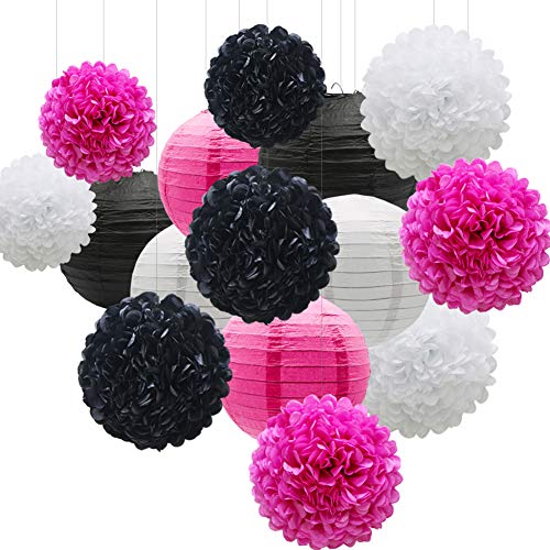 Image of KAXIXI 15-Piece Pink and Black Party Decorations, Paper Pom Poms & Lanterns
