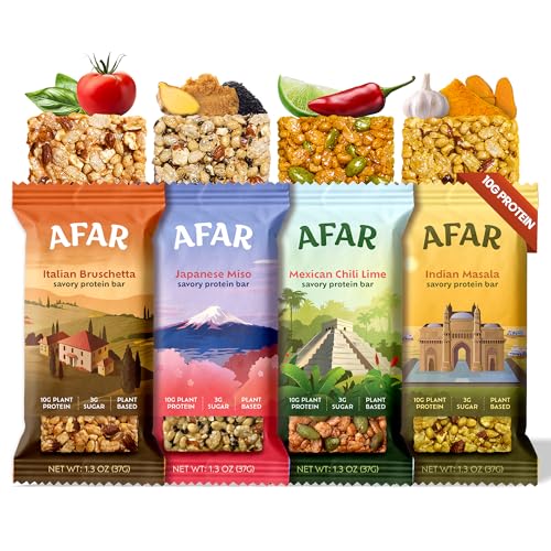 Afar Savory Protein Bars – Low Sugar, High Protein – Healthy Snacks for Adults – Meal Replacement Bar – Rice Crispy Texture – Vegan, Gluten Free (8 Bars, Variety Pack)