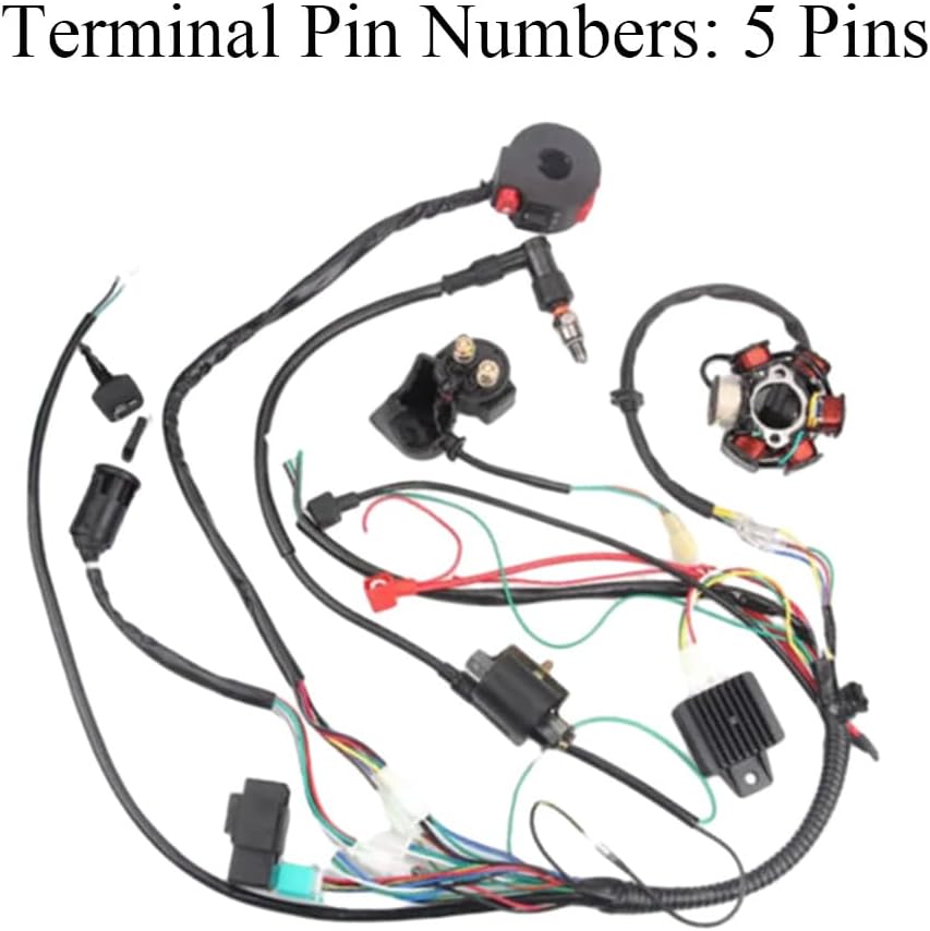 6 Wiring Harness CDI Ignition Kit 5-Pins Compatible with 50cc 70cc 90cc 110cc 125cc Chinese Electric start Quads Wire Harness CDI Box Magneto Flywheel Stator Quad Cluster Switch with Key