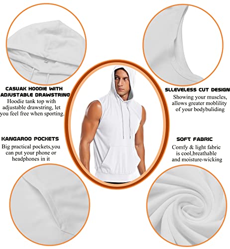 Amussiar Men's Hooded Tank Top With Pocket Gym Hoodie Workout Sleeveless Muscle Shirt White #TOP4