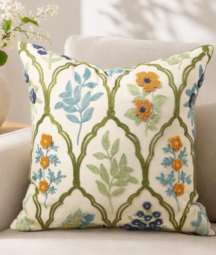 MuseHaus Embroidered Floral Throw Pillow Cover 18x18 Inch, Verdant Blooms