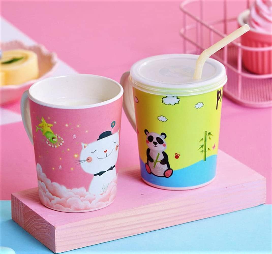 Dhairya Bamboo Fiber Milk Mug for Kids Coffee Milk Tea Mug for Kids Animal Cartoon Print Mug for Kids with Handle and Lid - 350 ML - Multicolor Pack of 2