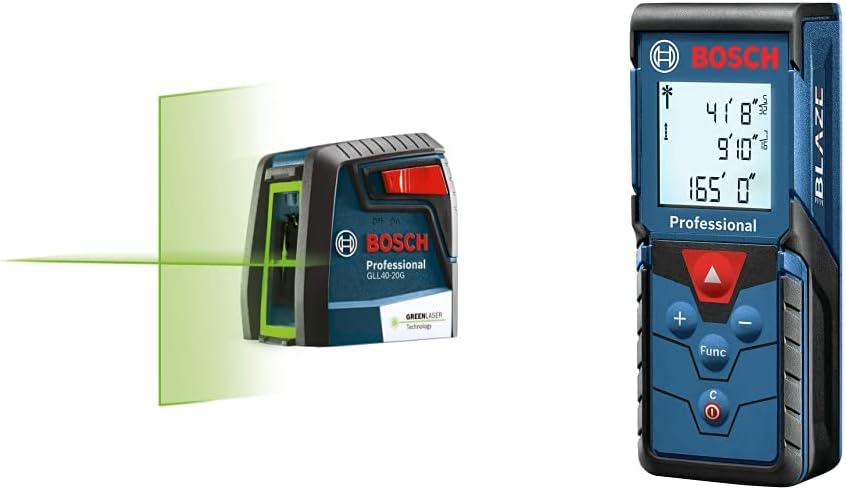 Bosch GLL40-20G 40ft Green-Beam Self-Leveling Cross-Line Laser & Blaze Pro GLM165-40 165ft Laser Distance Measure with Color Backlit Display