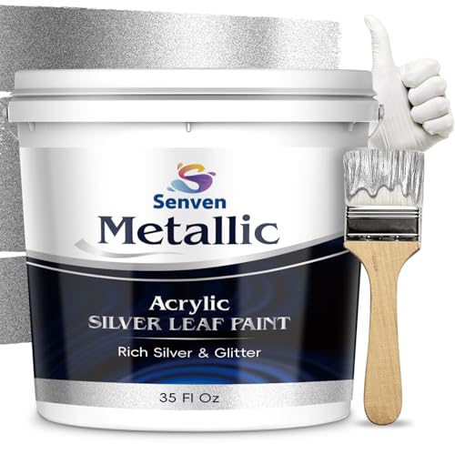 Silver Paint 35 Fl Oz Metallic Liquid Silver Leaf Paints Rich Silvers Paint for Metal Wood Canvas Appliance Furniture Clay DIY Art Handcrafts Fast Dry Acrylic Metallic Finish Artwork Home Dcor