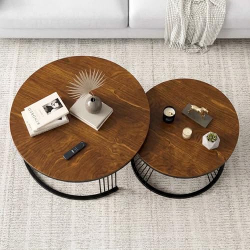 Image of NEST NATURE HAVEN Wrought Iron Frame 19.5 inch x 19.5 inch Round Coffee Table: Set of,2 Piece MDF Top Industrial Design Stacking Nesting Table - for Living Room,or Lounge Home Decor Furniture (Black & Brown)