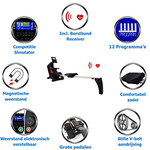 Focus Fitness Row 3 roeitrainer, 12 trainingprogramma's en 16 weerstandniveaus, met transportwieltjes, opklapbaar, roeiapparaat voor thuis - Afbeelding 5