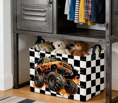Image of Sanjiaofeng Rectangular Monster Truck Basket for Kids,Baby Storage Bins with Handles for Car Decor,Racing Storage Bin,Cute Toy Storage Organizer for Boys and Girls,Car Room Decor(Racing flag)