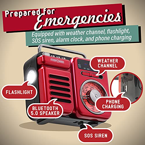 Fospower 2000Mah Emergency Weather Radio, Retro Style Portable Radio With 5.0 Bluetooth Speaker, Hand Crank, Solar Charging, Am/Fm/Wb, Flashlight & Sos Alarm (Red) #TOP2