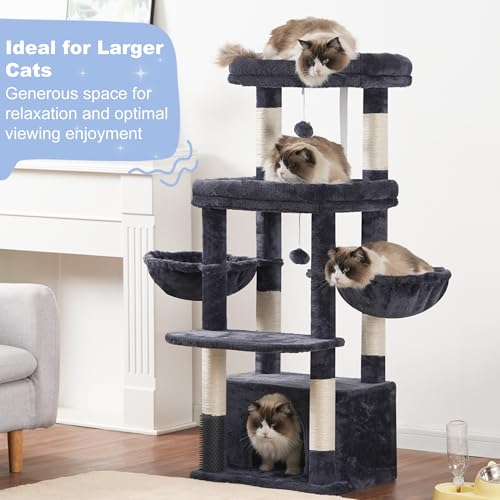 Image of Hey-brother Cat Tree Tower, Scratching Posts with Extra Large Platform, Specious Condo, 2 Cozy Hammocks, Self-Grooming Brush for Indoor Adult Cats, Maine Coon 51.1 inches, Smoky Gray MPJ070G