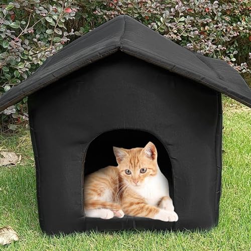Generisch Outdoor Katzenhaus Wasserdicht, Katzenzelt Geschlossenes Katzenhaus Faltbares Haustierhaus für Hunde Katzen Kaninchen, Schwarz, Stoff, Schwamm