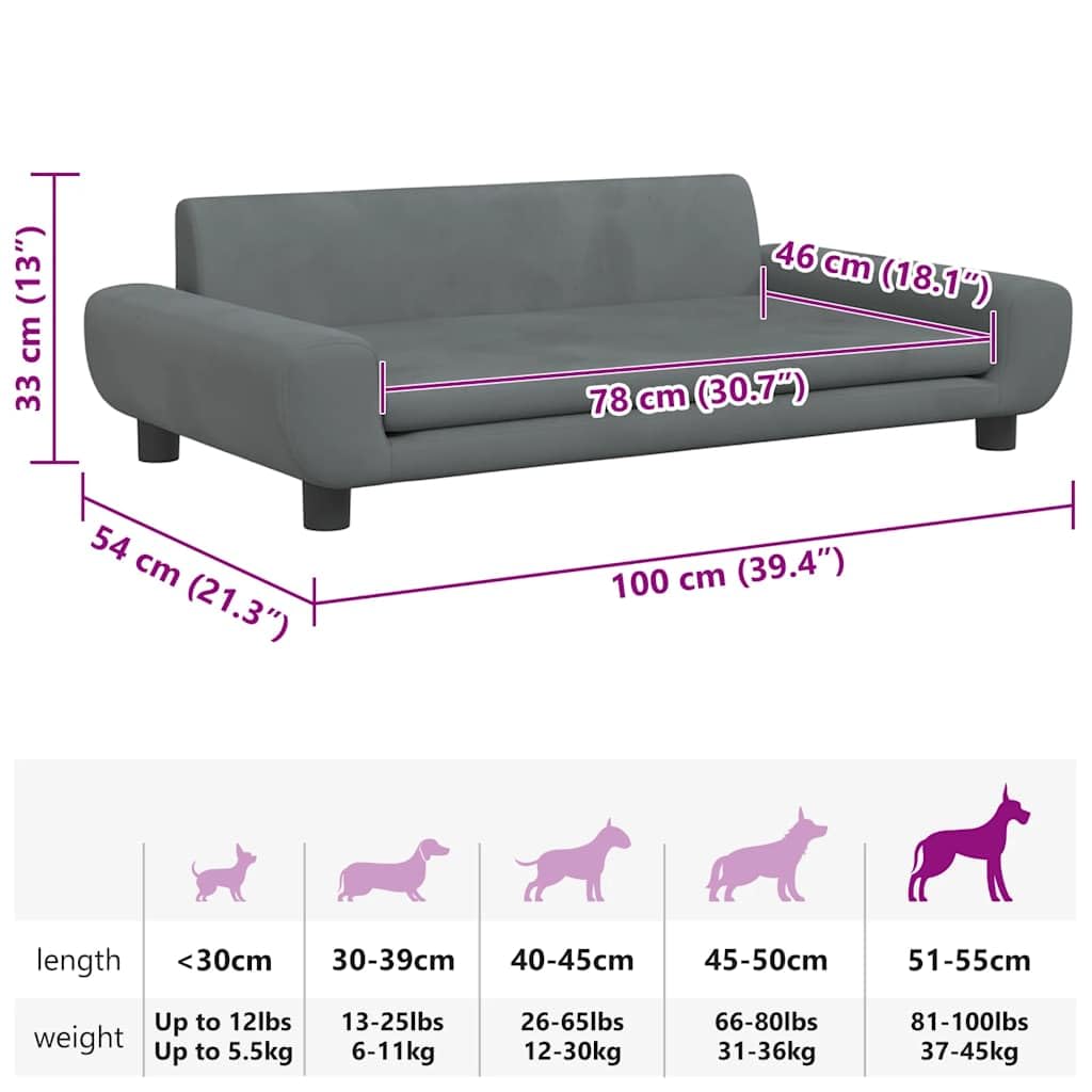 vidaXL Cama para Perros de Terciopelo Gris Oscuro 100x54x33 cm, sofá para Perros, Cama para Cachorros, Asiento para Perros, sofá para Mascota