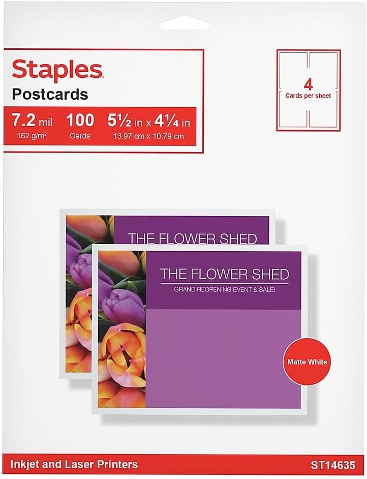 Staples Matte Postcards, White, 200/Box, For Office, School & Home, For Office, School & Home