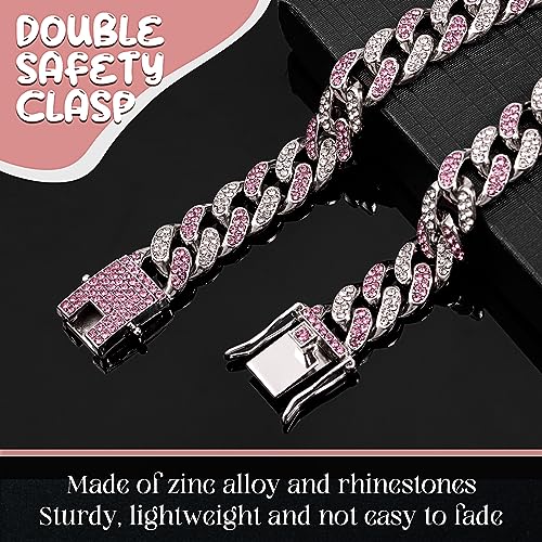Image of LEIFIDE Dog Chain Collar Diamond Link Puppy Collar 12 mm Wide Dog Necklace Metal Cat Chain Pet Crystal Necklace Jewelry Accessories for Small Medium Large Pet(10 Inch,Silver, Pink White)
