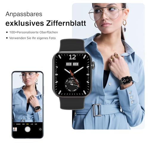 Smartwatch Damen Herren, 1,85 HD-Display Smart Watch mit Telefonfunktion, 140+ Sportmodi Fitness Tracker mit Herzfrequenz SpO2 Schlafmonitor Schrittzähler, IP68 Wasserdicht Fitnessuhr für iOS Schwarz