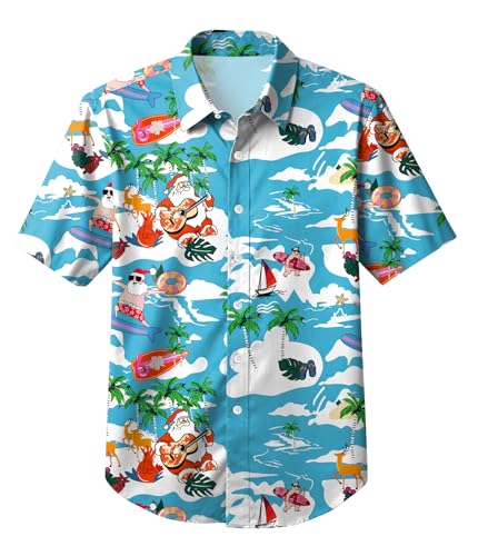 Ithalt Christmas in July Outfits for Kids Boys Girls Santa Button Down Short Sleeve Blouse Hawaiian Tees(Blue 130)