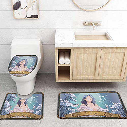 ZDDWLDL 4Pcs Duschvorhänge Set Mit Rutschfesten Teppichen,Toilettendeckel und Badematte Blaubraunes Rosa Blumenmädchen… – Bild 3