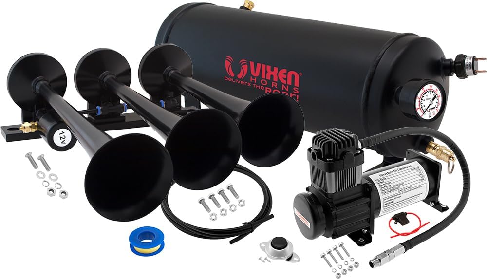 Vixen Horns Train Horn Kit for Trucks/Car/Semi. Complete Onboard System- 150psi Air Compressor, 1.5 Gallon Tank, 3 Trumpets. Super Loud dB. Fits Vehicles like Pickup/Jeep/RV/SUV 12v VXO8115B/3118B