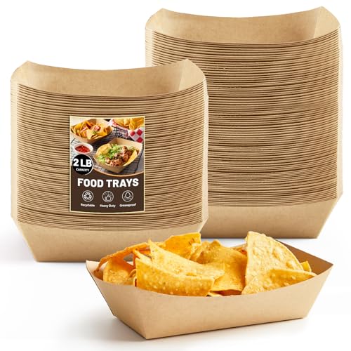 ZORRITA 2 Lb Paper Food Trays - 100 Pack Disposable Nacho Trays Brown Food Boats Take Out Basket Holders for Serving Party Snacks Hot Dogs Tacos Fries