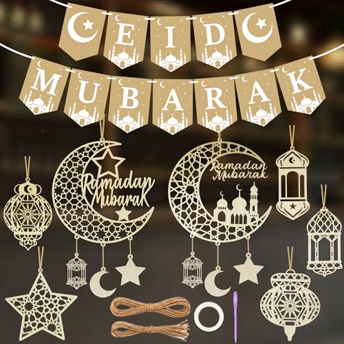 14 PCS Ramadan Decorations for Home & Eid Mubarak Decorations - 2-in-1 Set Wooden Ramadan Mubarak Hanging Ornaments & Eid Mubarak Banner - Moon Star Lantern Decor for Islamic Party Kit