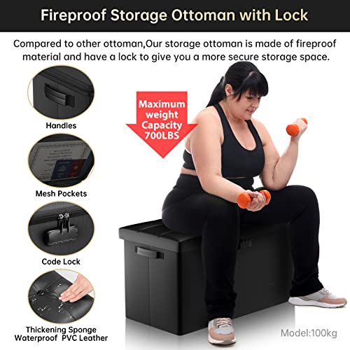 Engpow Storage Ottoman Bench,Fireproof Folding Storage Bench With Lock,30 Inches Fire＆Water Resistant Storage Chest Foot Rest Stool Leather Bedroom Bench With Storage Safe For Document,Valuables,Black #TOP6
