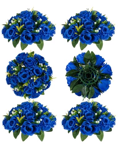 BLOSMON Royal Blue Artificial Flowers: 6 Pcs Fake Roses Flower Ball Centerpieces for Wedding Dinning Table - Faux Silk Kissing Bouquet with Base Floral Arrangement for Home Party Event Decor
