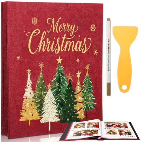 Pasimy Christmas Photo Album – Self Adhesive Holiday Scrapbook with 40 Pages, Red & Gold Color...